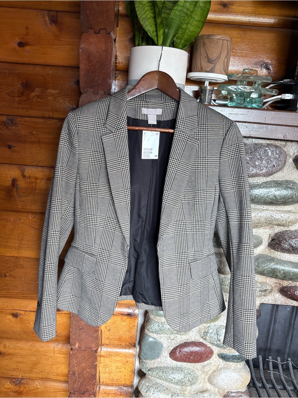 NWT H&M Glen Plaid Tailored Blazer Black White Size Small